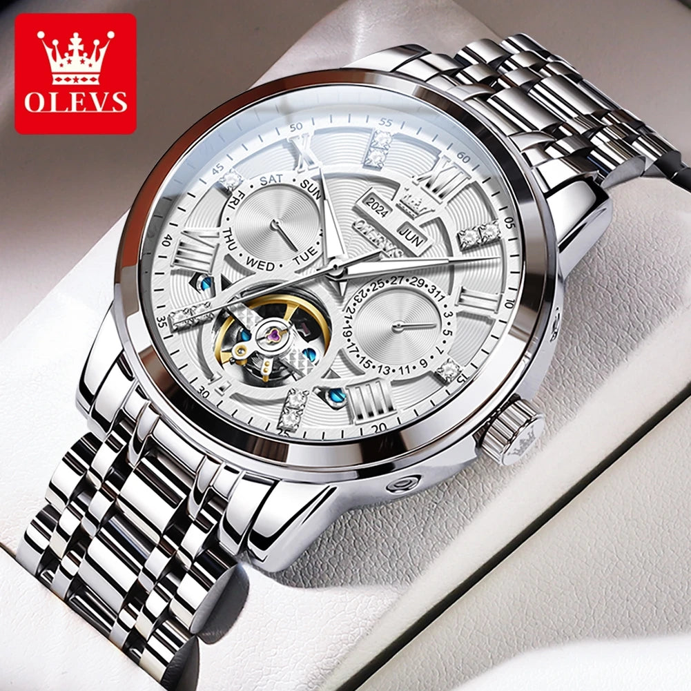 OLEVS 6701 Men's Watch Luxury Waterproof Auto Date Mechanical Watch For Men Hollow Skeleton Diamond Wristwatch Luminous Clock