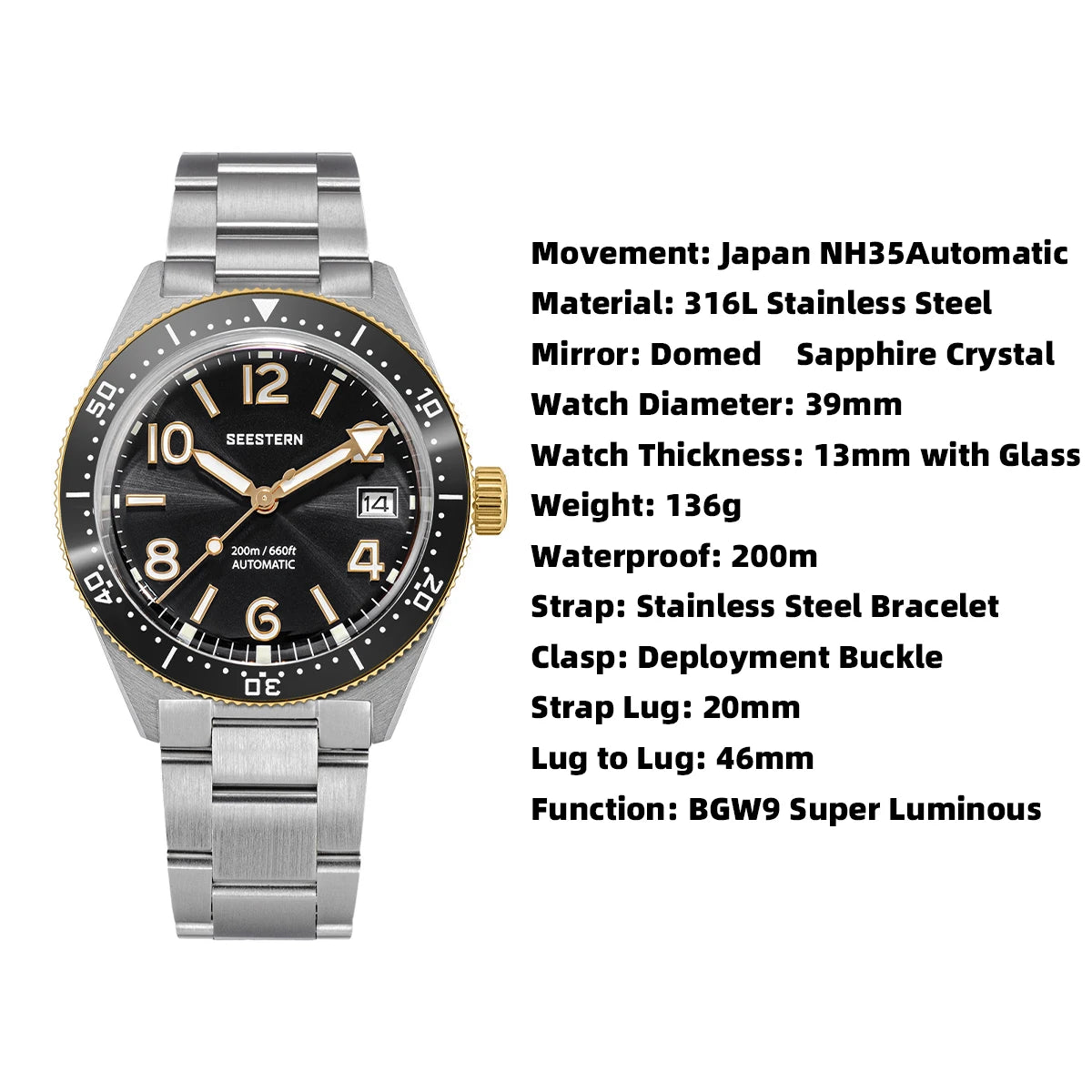 SEESTERN Diver Men's Watch Automatic Mechanical Wristwatches NH35 Movement Ceramic Bezel 20Bar Waterproof Sapphire Luminous S434-2