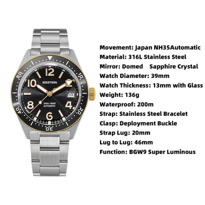 SEESTERN Diver Men's Watch Automatic Mechanical Wristwatches NH35 Movement Ceramic Bezel 20Bar Waterproof Sapphire Luminous S434-2