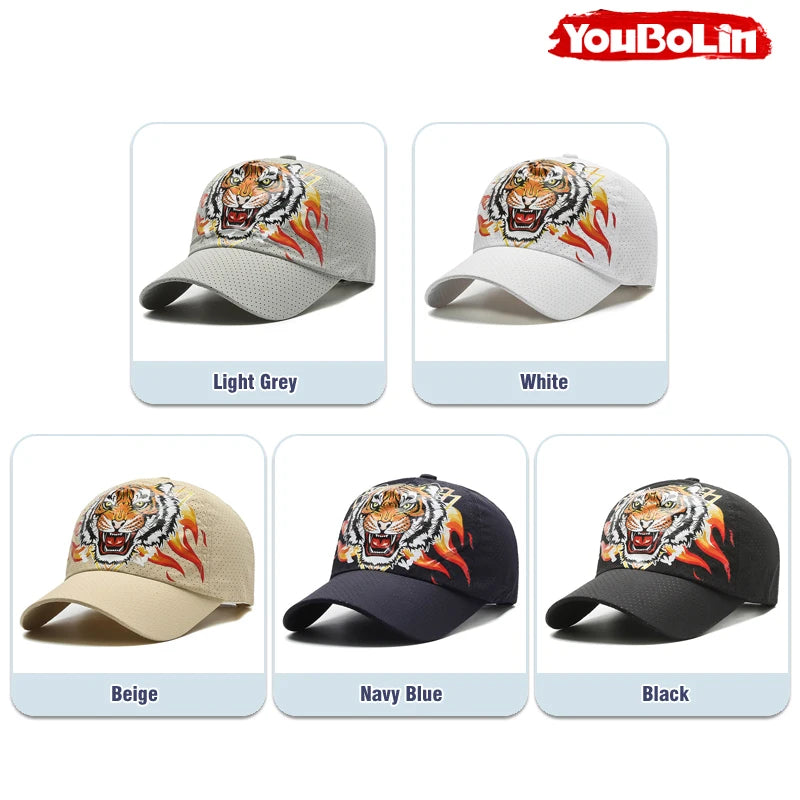 Outdoor Tiger Face Baseball Cap, Summer Quick-Dry Fabric, Mesh & Perforated Design, Ethnic Print Sun Protection Hat