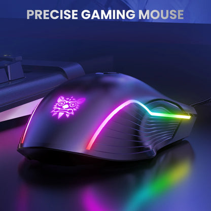 ONIKUMA langallinen pelihiiri, 6 säädettävää tasoa, 6400 DPI, 7 ohjelmoitavaa painiketta, 7 RGB-valaistustilaa, ergonominen hiiri PC-pelaajalle