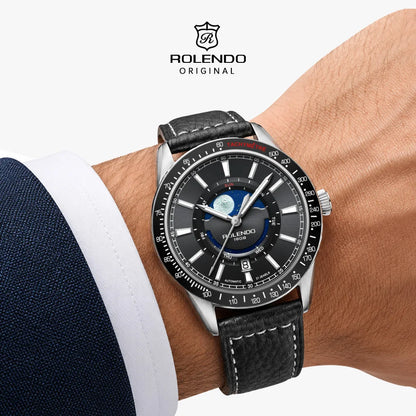 ROLENDO 1908 Men Automatic Mechanical Watch 21 Jewels Black Genuine Leather Business Wristwatch Waterproof Luxury Male Timepiece