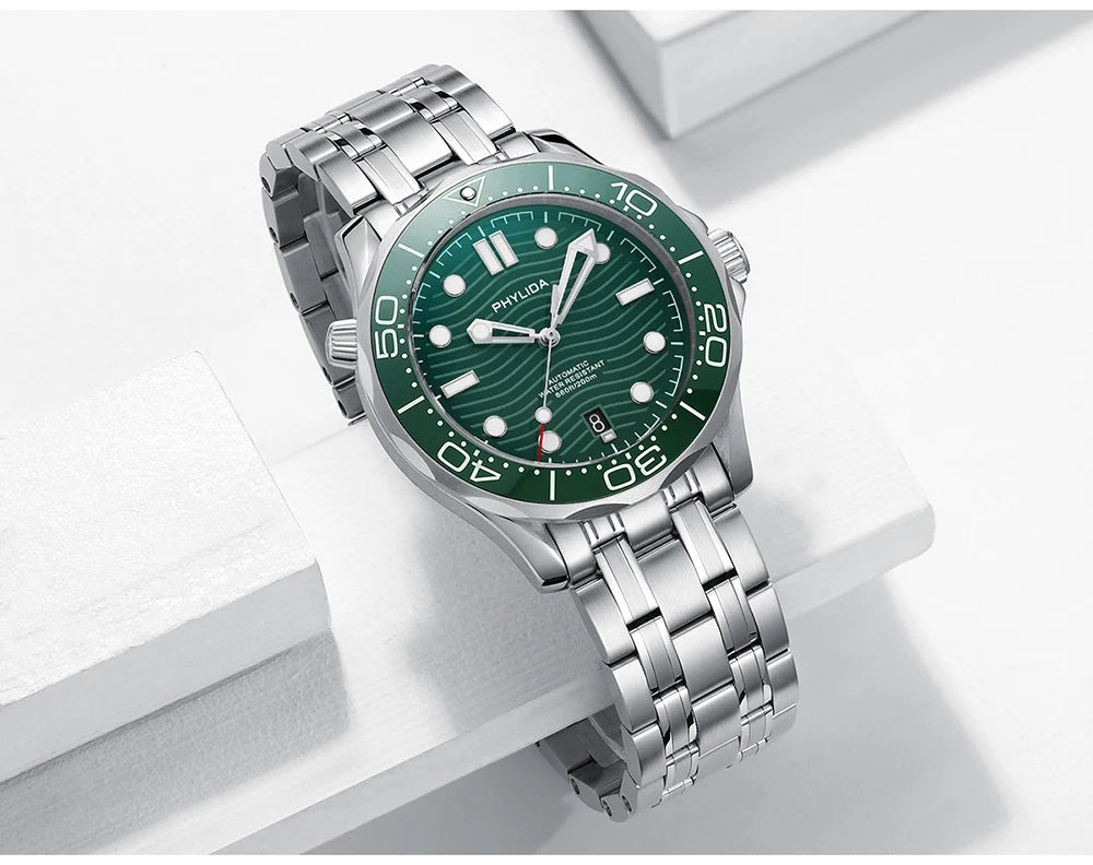 PHYLIDA New Green Dial PT5000 MIYOTA Automatic Watch DIVER 200M Sapphire Crystal Solid Bracelet WR 20Bar