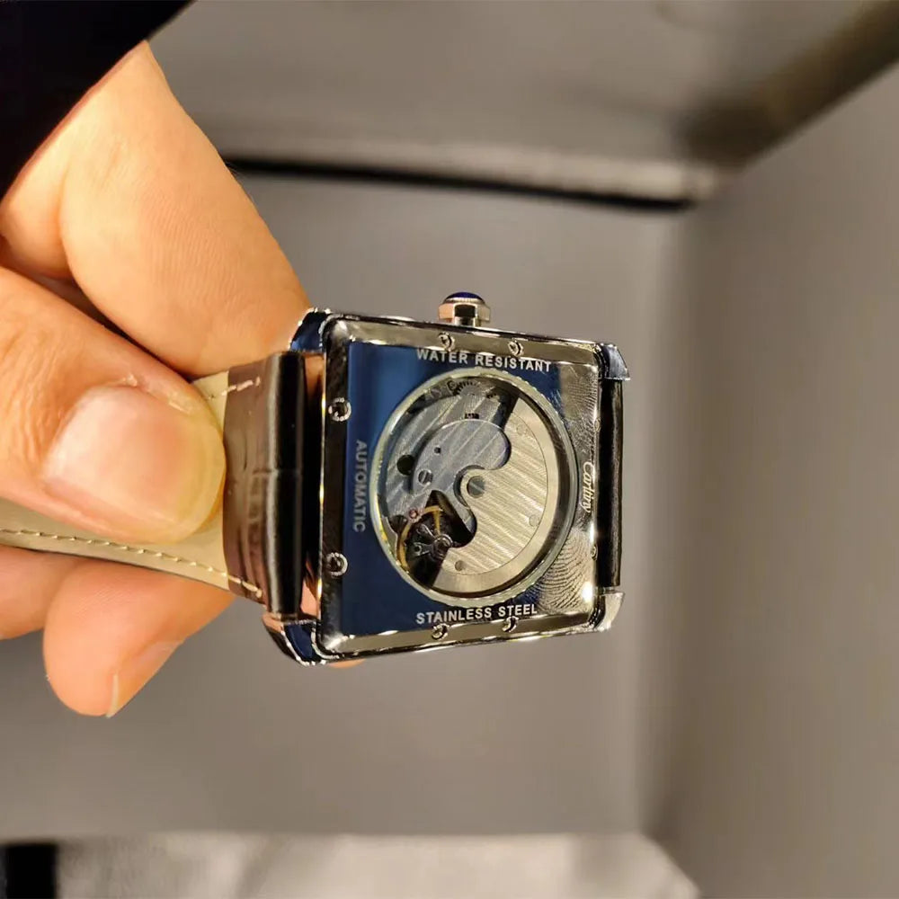 Relógio automático de luxo para homem – Relógio de pulso mecânico, modelo elegante de uma grande marca, caixa quadrada em aço inoxidável, estanque – CARLTINY
