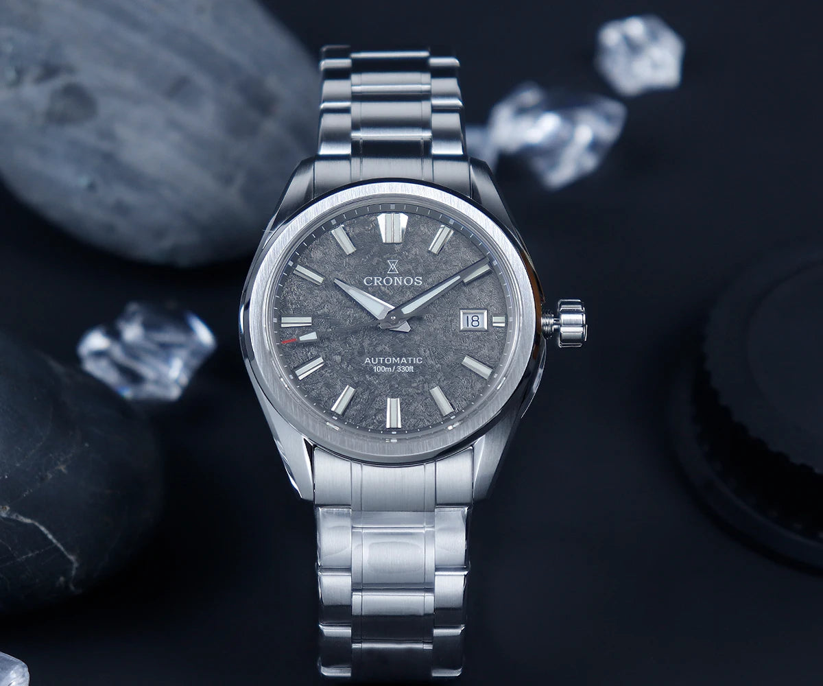 Cronos Men Watch 39mm Automatic Miyota 9015 Movement Wristwatches White Dial Birch Pattern Solid Links Sapphire 10 ATM L6040M
