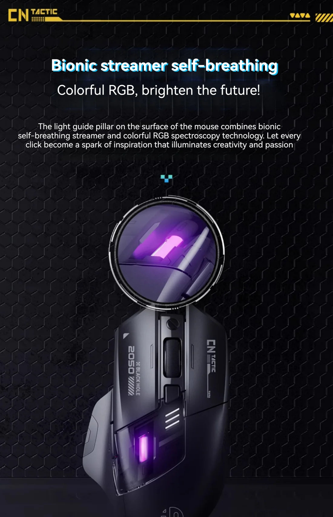 Inphic A9 Pro gamingmus med tre tilstande, farverig lysguide, strømindikator, justerbar DPI, makrodriver, ergonomisk, 12800DPI