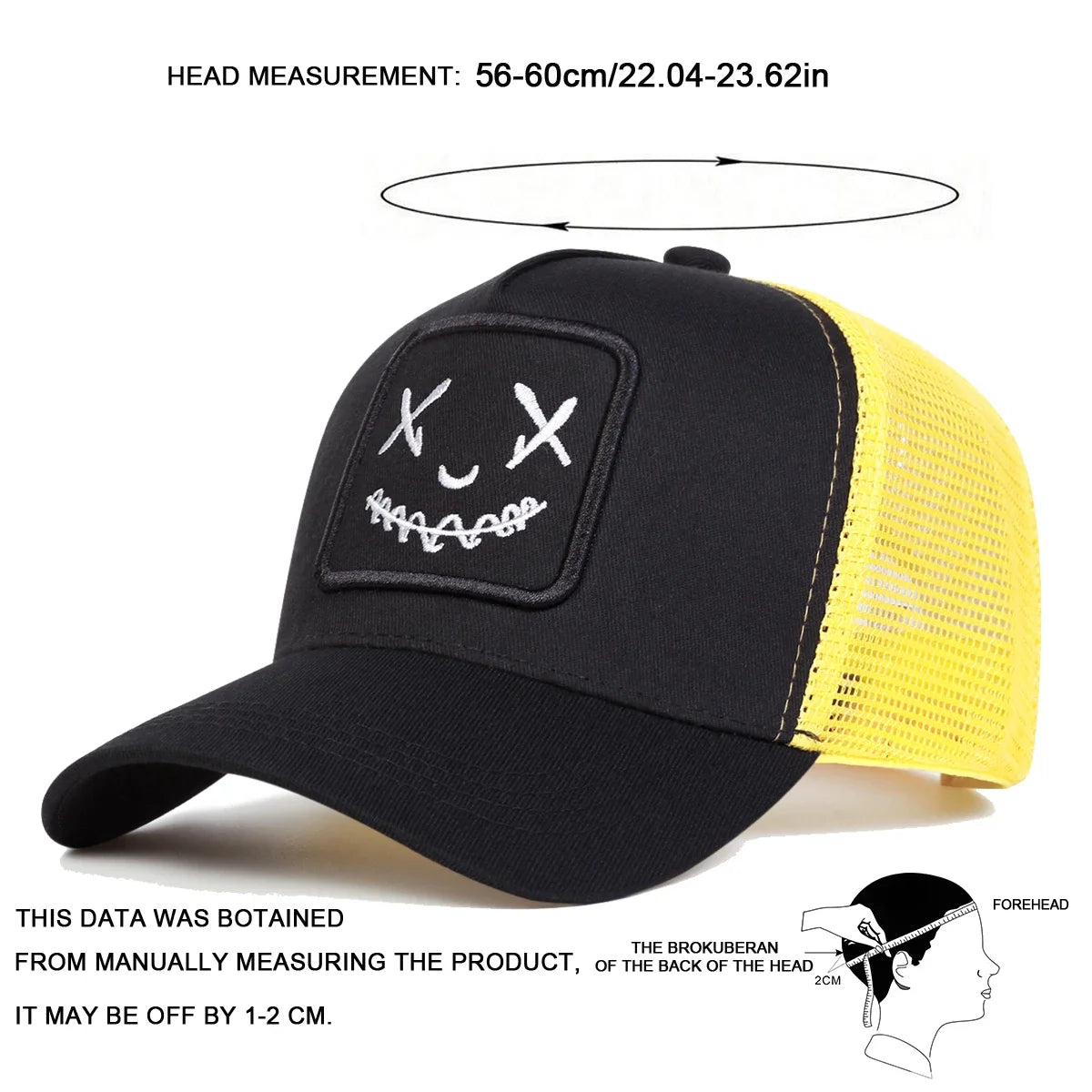 Uomo Donna Cappellini da baseball con ricamo a forma di faccina sorridente in cotone, regolabili con chiusura a scatto, cappellini Hip Hop in rete, cappellini estivi da esterno, cappellini da sole, cappellini da papà
