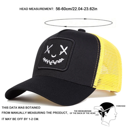 Uomo Donna Cappellini da baseball con ricamo a forma di faccina sorridente in cotone, regolabili con chiusura a scatto, cappellini Hip Hop in rete, cappellini estivi da esterno, cappellini da sole, cappellini da papà