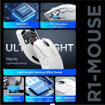 Mouse de gaming wireless Attack Shark R1 Lightweight Bluetooth 2.4G, PAW3311, 18000DPI, ergonomic, cu macrocomenzi