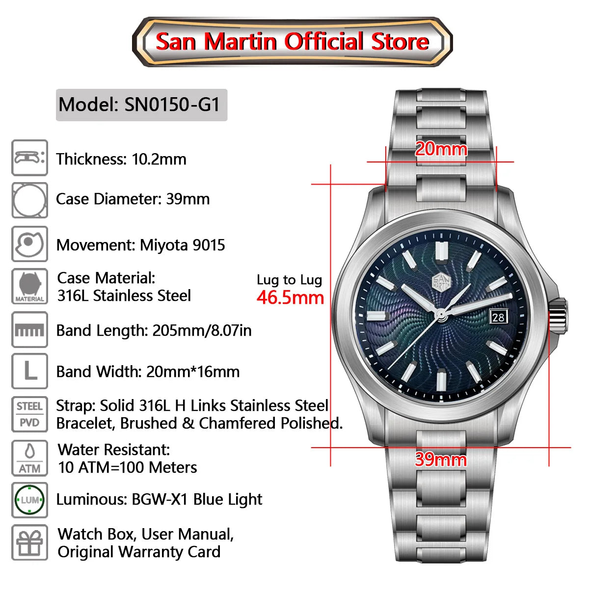 San Martin Official 39mm Guilloche MOP Dial Gada Watch Miyota 9015 Luxury Men's Automatic Mechanical Watches 10 ATM reloj SN0150
