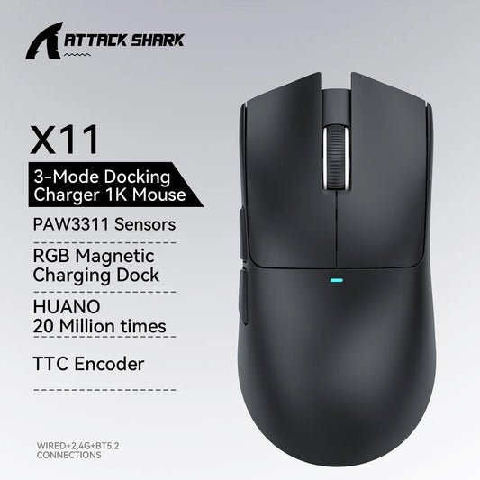 ATTACK SHARK X11 геймърска мишка и X11 SE безжична мишка, 22000 DPI, сензор PAW3311, BT/2.4G/кабелна, 59g лека, 2000W клика