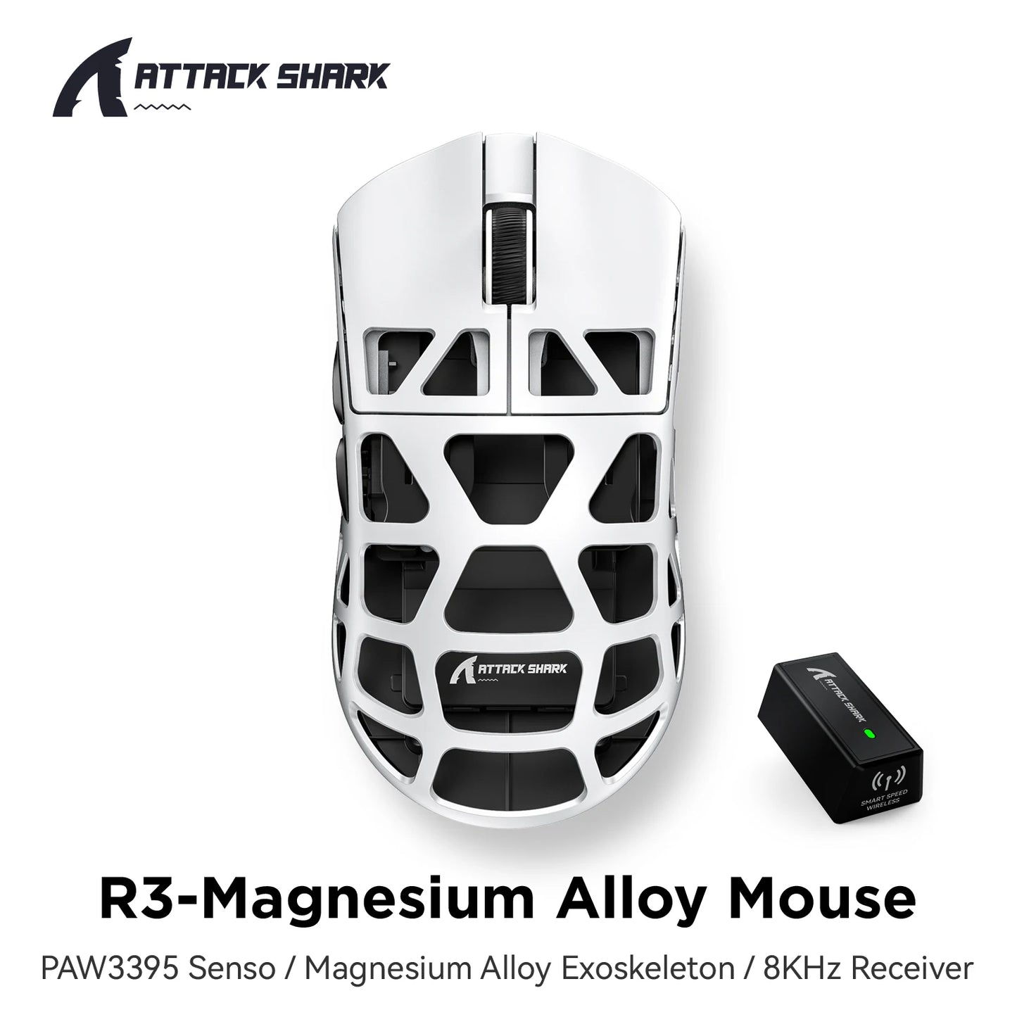 ATTACK SHARK R3 -pelihiiri, magnesiumseoksesta valmistettu hunajakennorakenne, ultrakevyt 8K Hz, PAW3395-sensori, 26000 DPI, ergonominen kuori
