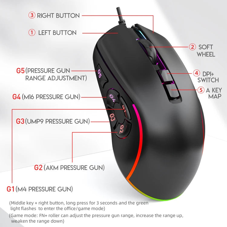 Kancelářská herní myš s kabelem 7200DPI, RGB podsvícení, 6 nastavitelných úrovní DPI, 10 programovatelných tlačítek, tlačítko návratu na plochu