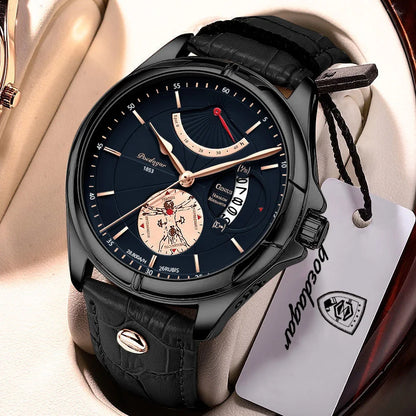 Montre-bracelet à quartz POEDAGAR pour homme – Style business, luxe, étanche, lumineuse, avec affichage de la date et bracelet en cuir – Montre élégante pour homme