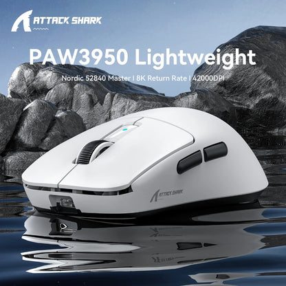 Attack Shark R6 žaidimų pelė, 38g itin lengva, belaidė su PAW3950 8K apklausos dažniu, Nordic 52840, 24000DPI, trijų režimų