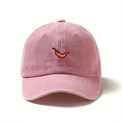 1pc Retro Washed Baseball Caps for Women,with Chili Pepper Embroidery,Adjustable Snapback,Lightweight Breathable for Daily Wear