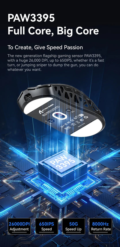 ATTACK SHARK R3 -pelihiiri, magnesiumseoksesta valmistettu hunajakennorakenne, ultrakevyt 8K Hz, PAW3395-sensori, 26000 DPI, ergonominen kuori