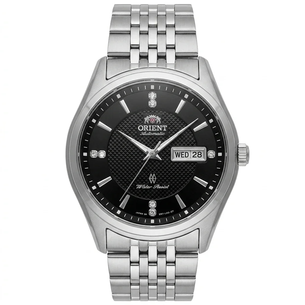 Relógio mecânico automático para homem da Orient, com calendário duplo (data e dia da semana), índices em cristal e bracelete em aço inoxidável – Relógio de pulso de estilo profissional