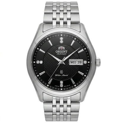 Relógio mecânico automático para homem da Orient, com calendário duplo (data e dia da semana), índices em cristal e bracelete em aço inoxidável – Relógio de pulso de estilo profissional