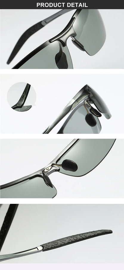 CLLOIO Aluminum Rimless Photochromic Sunglasses Men Polarized Driving Chameleon Anti-Glare Glasses Travel Fishing Goggle UV400