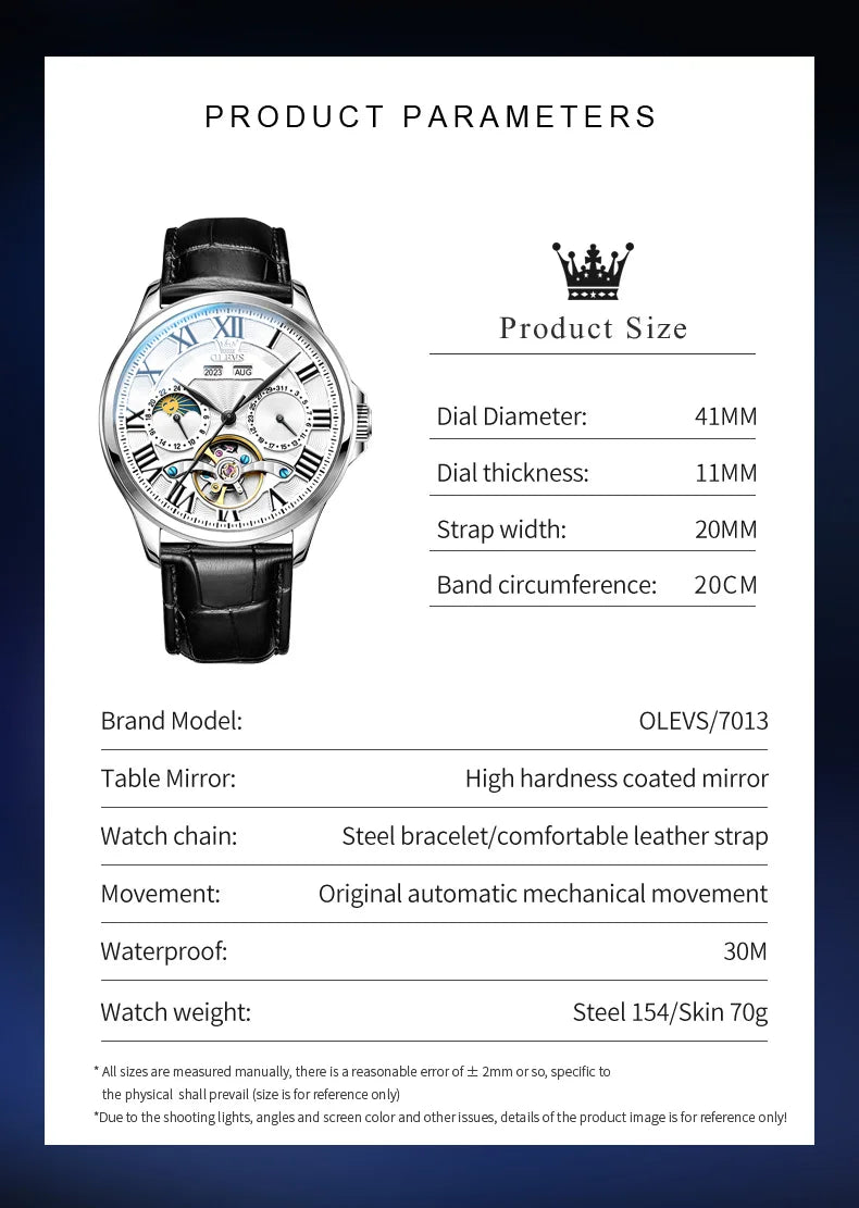 OLEVS 7013 Men's Watch Fashion Moon Phase Mechanical Watch For Men Waterproof Roman Scale Hollow Flywheel Automatic Hand Clock
