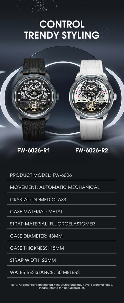 MARK FAIRWHALE Men's Automatic Watch Skeleton Dial Fluororubber Strap Waterproof Luxury Fashion Wristwatch