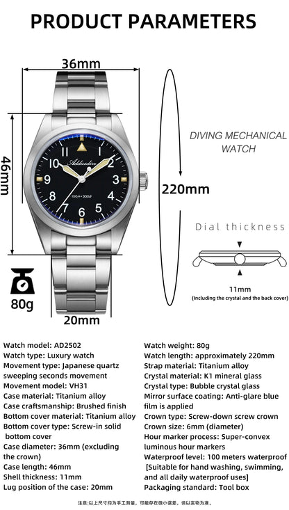 ADDIESDIVE 36mm AD2502 Watch For Men 100M Waterproof Titanium Alloy VH31 Movement Bubble Mirror Glass Luminous Quartz Watches