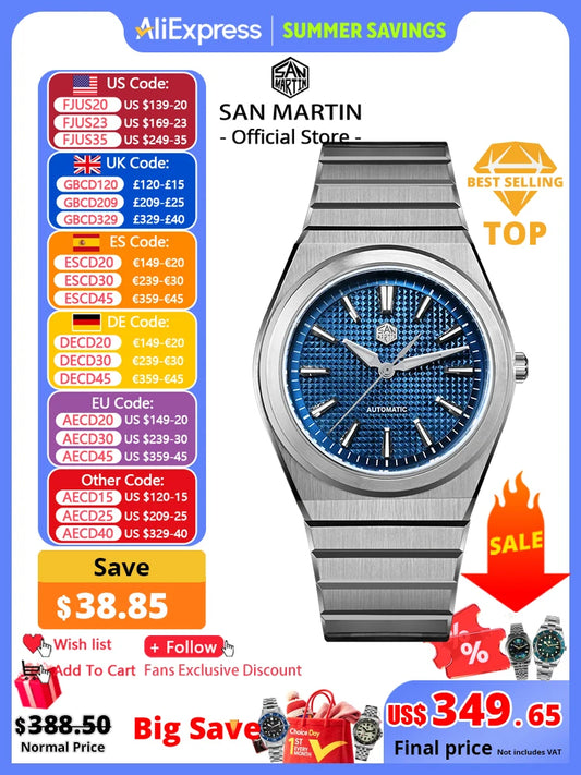 San Martin 39mm Luxury Men Sports Watch Waffle Dial Integrated Bracelet Miyota 90S5 Automatic Mechanical Clear Caseback SN0152