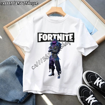 T-shirts Infantis Fortnite Novidade de Verão, T-shirt com Figura de Desenho Animado, Estampado Gráfico, Casual e Desportivo, Manga Curta, Tops Desportivos para Criança, Roupa para Rapazes