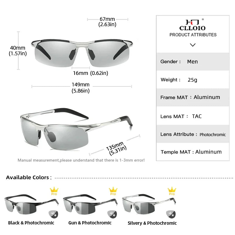CLLOIO Aluminum Rimless Photochromic Sunglasses Men Polarized Driving Chameleon Anti-Glare Glasses Travel Fishing Goggle UV400