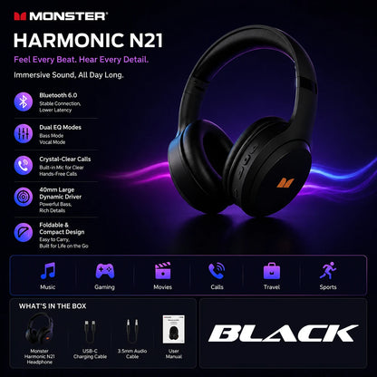 Casque Bluetooth 6.0 Monster Harmonic N21, mode double égaliseur, son stéréo immersif, casque supra-auriculaire pliable filaire/sans fil