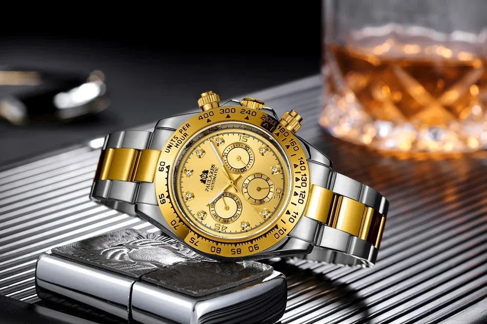 Automatic Mens Watch Mechanical Self Wind Movement Gold Black Stainless Steel Diamonds Stone Sports Luxury Fashion Watches
