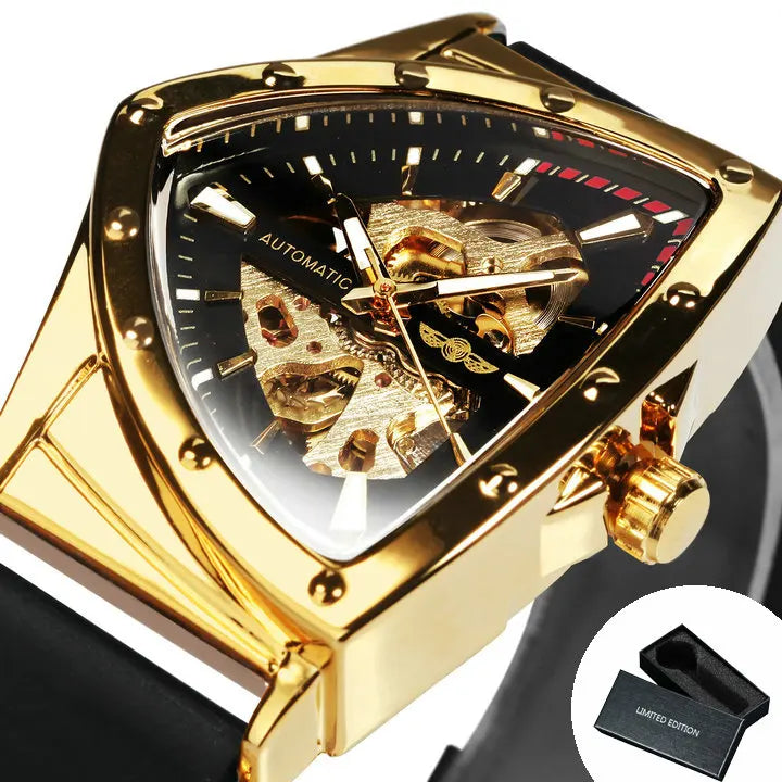 Relógio automático para homem WINNER, design esqueleto triangular, ponteiros luminescentes, bracelete em borracha, estilo militar, relógio mecânico de luxo