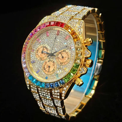 2025 Top Luxury Watch For Men Fashion Ice Diamond Hip Hop Rainbow Diamond Multifunction Man Quartz Wristwatch Gift Dropshipping