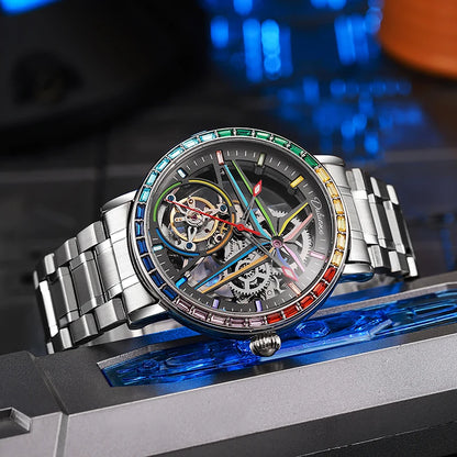 Relógio esqueleto para homem, estilo moderno, adornado com pedras preciosas nas cores do arco-íris, equipado com um turbilhão; relógio mecânico automático de luxo, estanque até 30 metros.