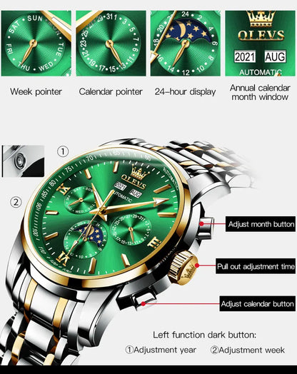 OLEVS 6633 Luxury Men's Watches Automatic Green Watch Men Stainless Steel Waterproof Business Sport Mechanical Wristwatch 6633