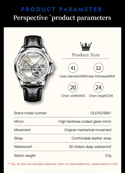 OLEVS Skeleton Automatic Mechanical Watch Men Leather Strap Luminous Waterproof Luxury Business Wristwatch For Man 6661