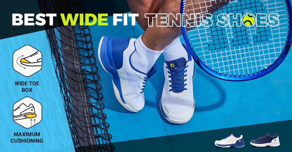 FitVille tennissko til mænd, bred version 2E, professionelle træningssportssko, åndbare og skridsikre ketsjersko med svangstøtte