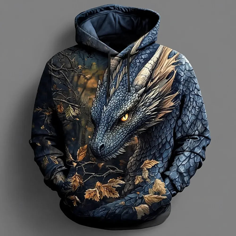 Sweatshirts com Capuz 3D Dragon para Homem, Estilo Moderno e Casual, Manga Comprida, Gola Redonda, para Festa, Férias e Streetwear, Outono/Inverno, Casaco de Fato de Treino