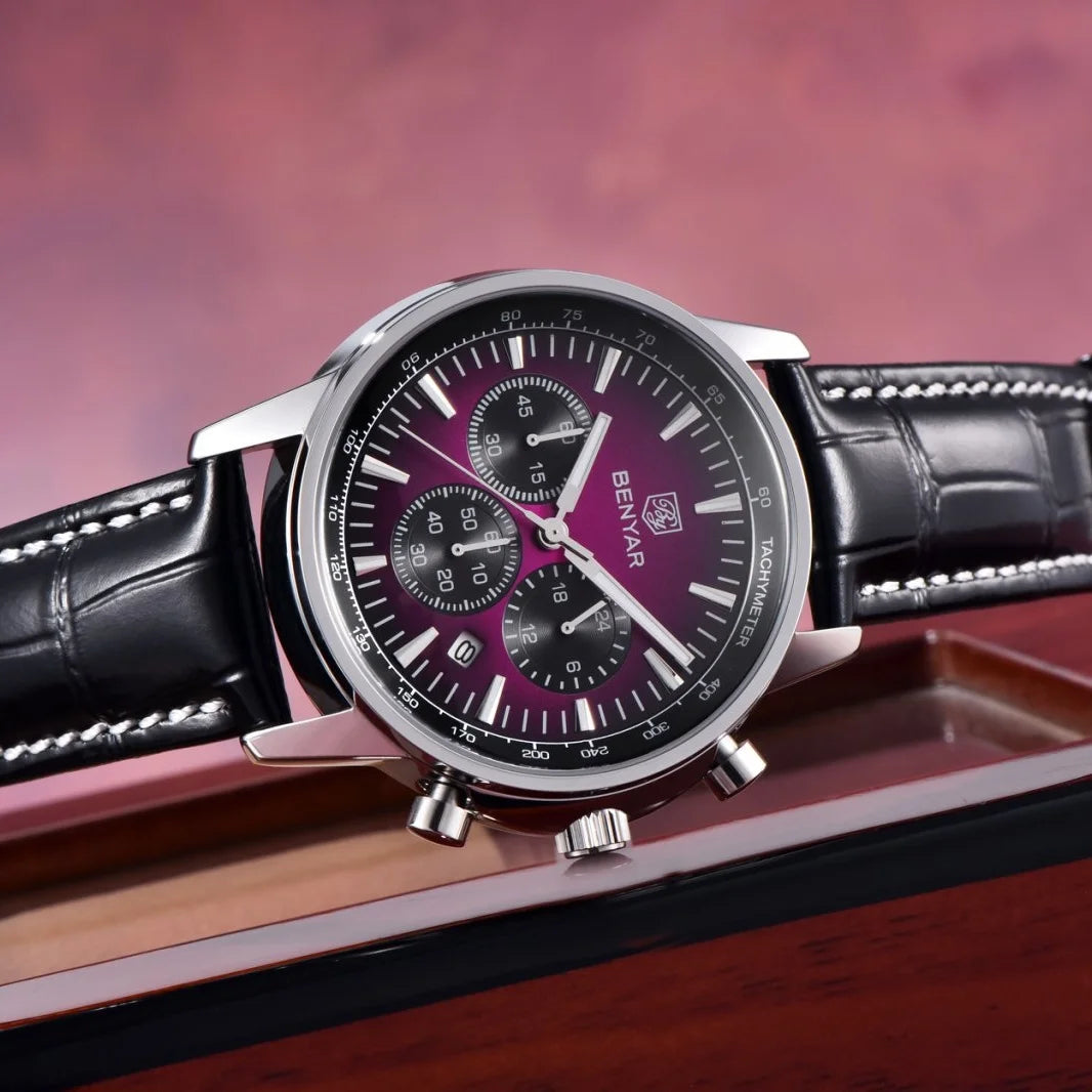 Relógio de luxo para homem Benyar – Cronógrafo com data, bracelete em pele, estanque, luminescente, estilo desportivo e militar, relógio de quartzo