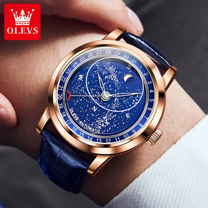 OLEVS 9923 Men's Watches Moon Phase Automatic Mechanical Watch for Man Blue Leather Luxury Dress Waterproof Luminous Wristwatch