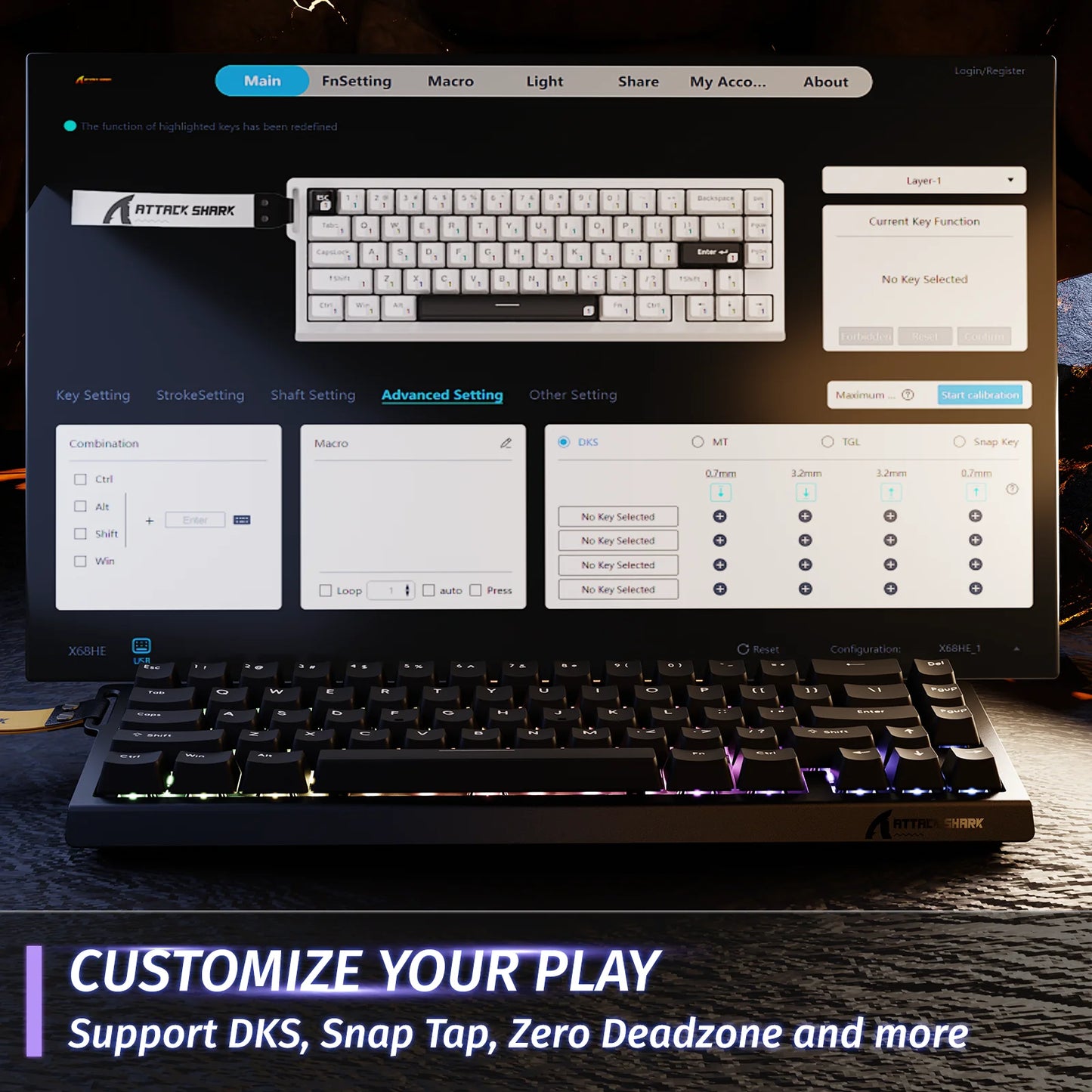 ATTACK SHARK X68 HE Rapid Trigger 8KHz Magnetic Keyboard, 0.01mm RT Accuracy, 60% Layout, RGB, Support RT/Snap Tap/DKS/MT/TGL