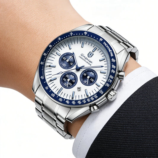 Montre à quartz pour homme, de marque de luxe, étanche et luminescente, en acier inoxydable, dotée d'un chronographe 24 heures et d'un affichage de la date – Montre élégante pour homme