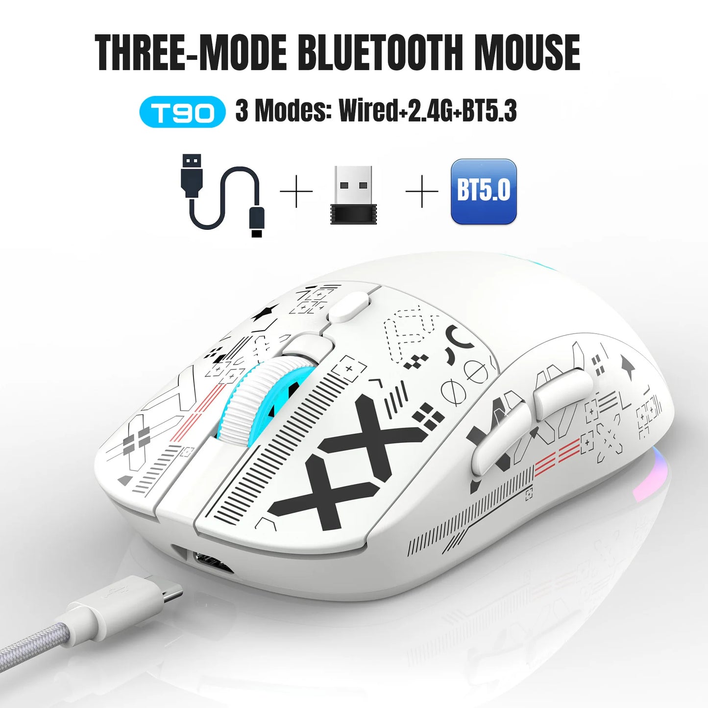 3 tilstande Bluetooth-gamingmus, genopladelig 2.4G USB trådløs mus med RGB-baggrundsbelysning til iPad, tablet, laptop og computer