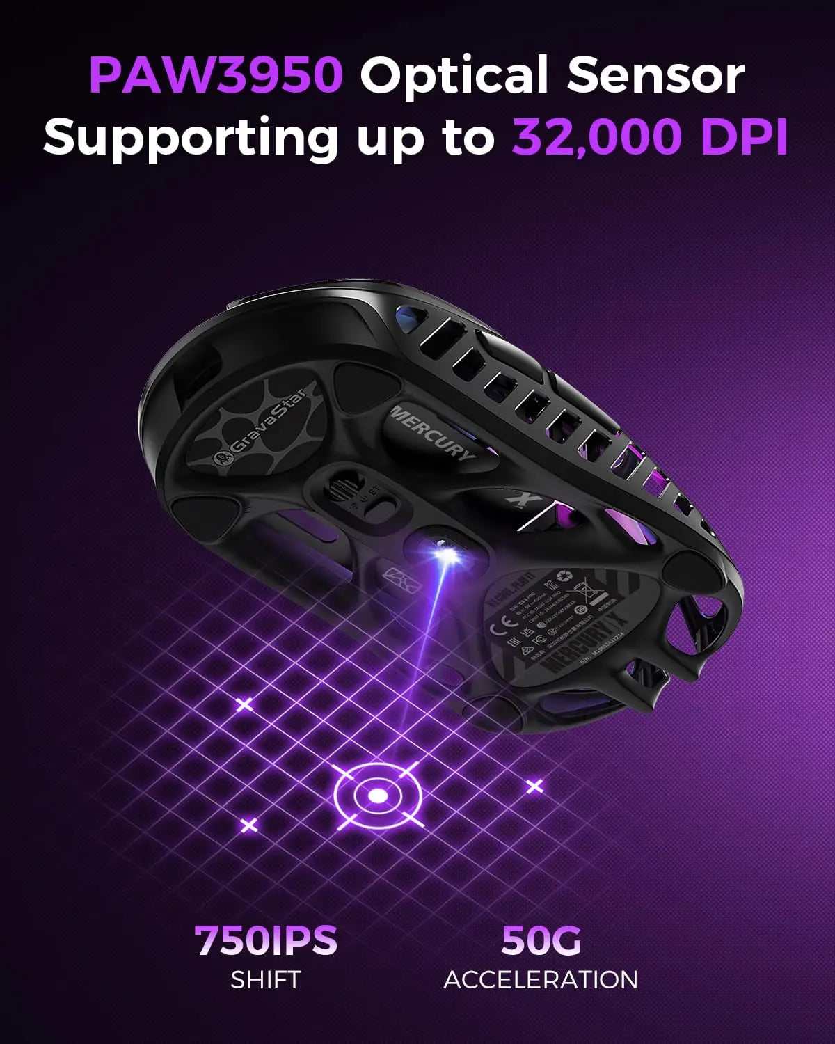 Mysz gamingowa bezprzewodowa GravaStar Mercury X – sensor PAW 3950 32,000 DPI, częstotliwość odpytywania 1000Hz, tylko 49g, pusta konstrukcja F ze stopu magnezu