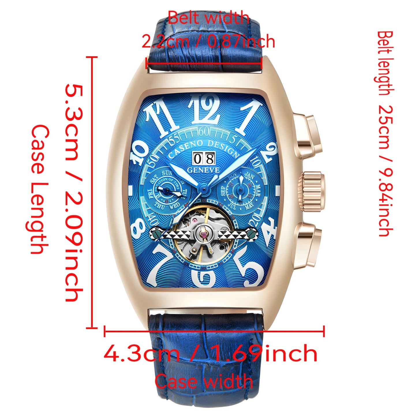 CASENO Top Luxury Brand Men's Fully Automatic Mechanical Tourbillon Watch Calendar Night Glow Tonneau Skeleton Watch -577G