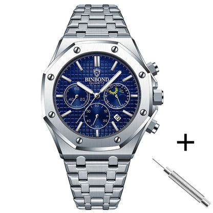 BINBOND 0161 Brand Man Quartz Watch Luxury Luminous Chronograph Wristwatch Stainless Steel Waterproof Men Date Calendar Clock