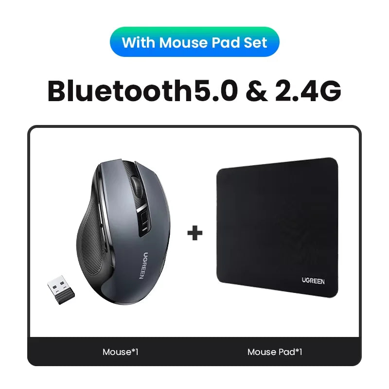 UGREEN belaidė pelė Bluetooth5.0, ergonomiška 4000DPI pelė su 6 tyliais mygtukais, skirta MacBook, planšetėms, nešiojamiesiems kompiuteriams, kompiuteriams ir PC, 2.4G pelė
