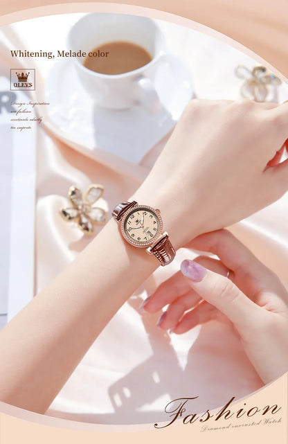 OLEVS 2025 New Fashion Womens Watches Top Brand Luxury Leather Strap Waterproof Calendar Diamond  Quartz Watch Relogio Feminino