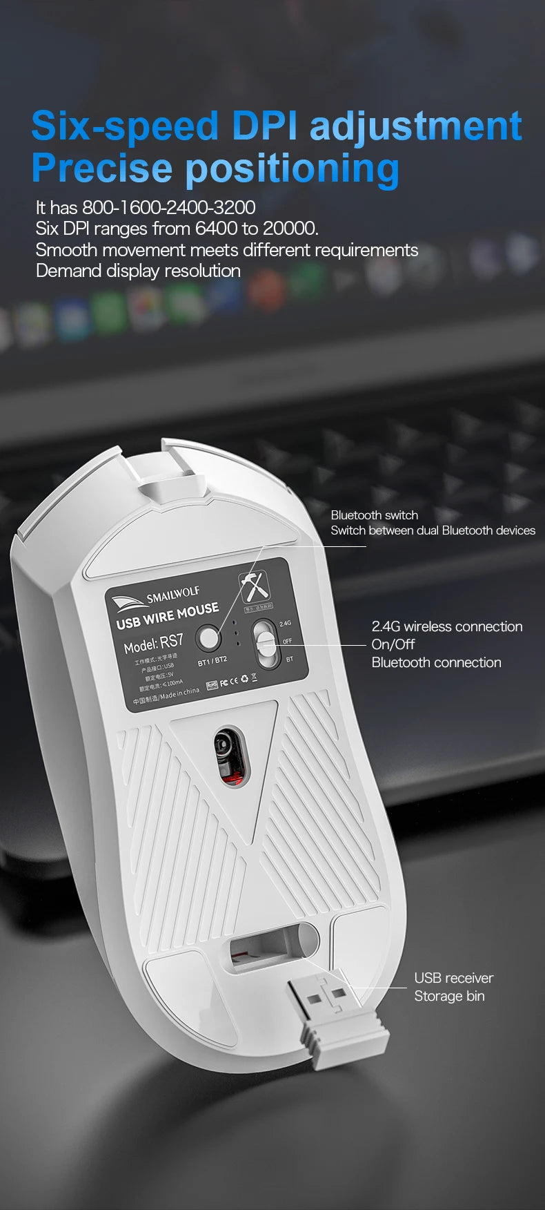 SMAILWOLF RS7 Bluetooth trådløs gamingmus, tre tilstande, PAW3311, makroprogrammerbar mus til laptop, gaming og kontor